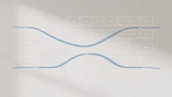 Abstract diagram of labeled rectangular page regions connected by directional arrows in soft blue tones