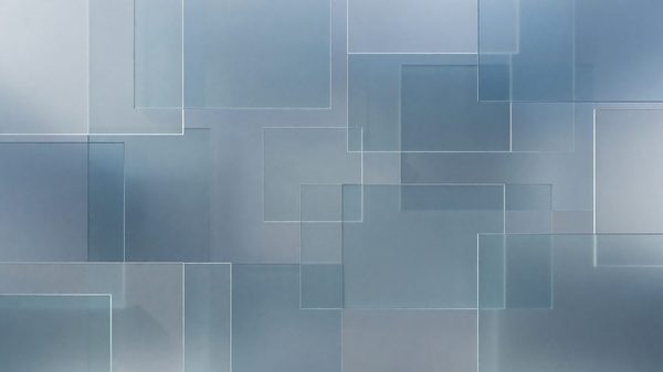 Abstract grid of overlapping translucent window-shaped panels in cool gray-blue tones
