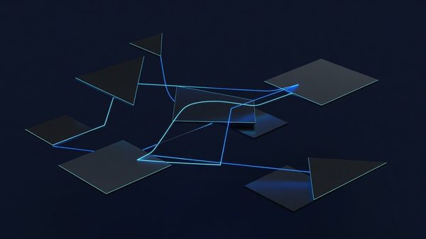 Abstract geometric composition of floating UI panels tethered by glowing connector lines on a dark background