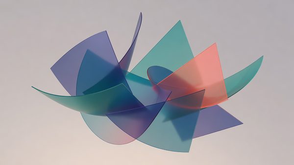 Abstract composition of curved and angular clipped panels overlapping on a neutral background