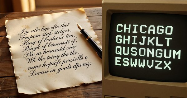 Calligraphic letterforms alongside early Macintosh bitmap typefaces
